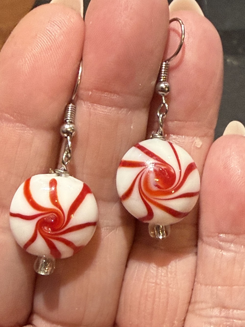Earrings - Peppermint Candy in Red and White Lampwork Glass, Candies
