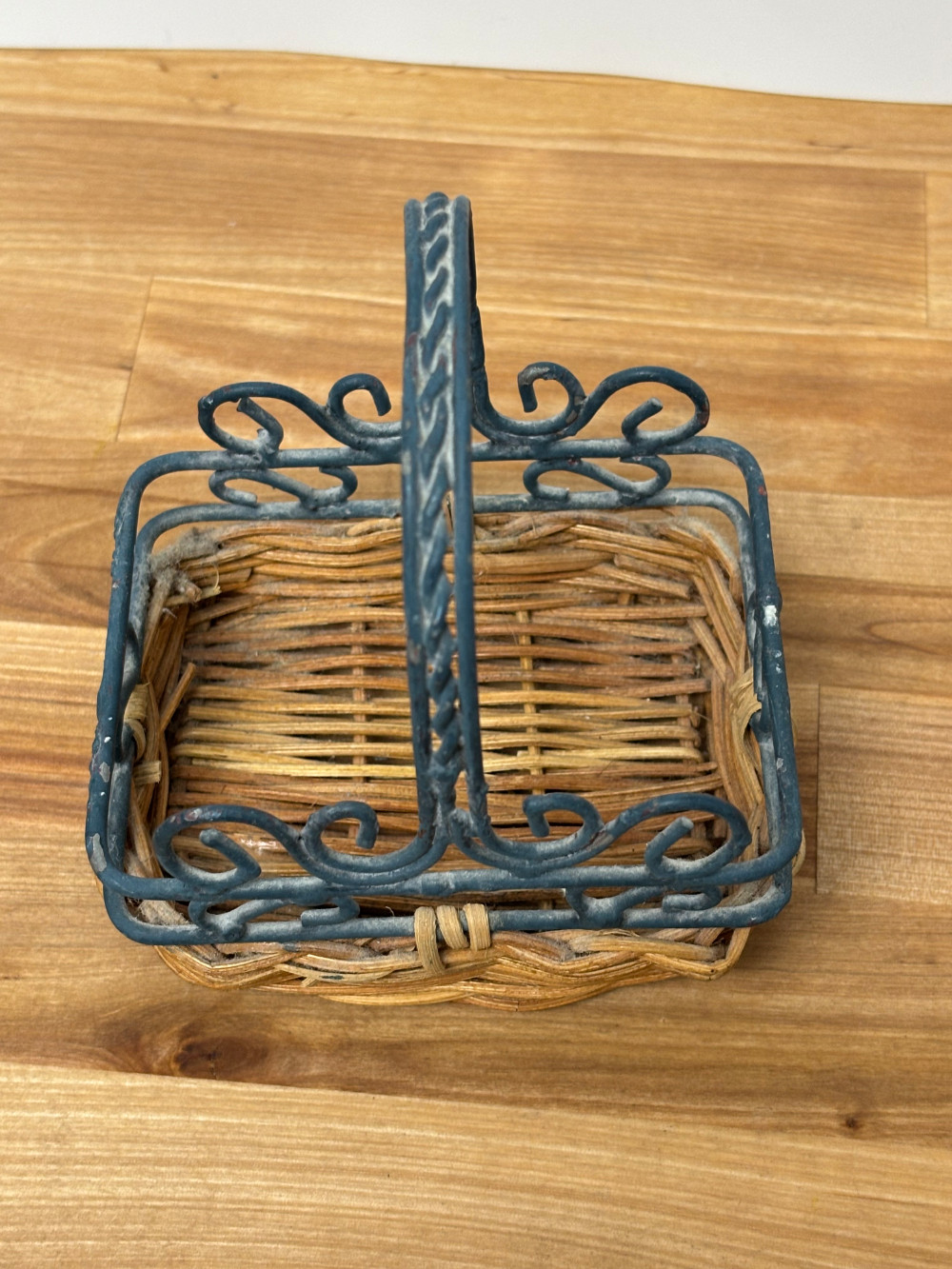 Miniature Wicker Basket with Ornate Metal Scrollwork Handle Rustic Farmhouse Decor