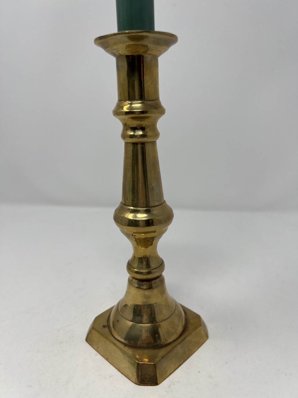 Heavy Brass Candle Stick w/Green Candle