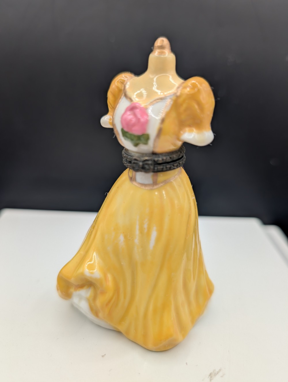 Vtg porcelain yellow dress trinket box