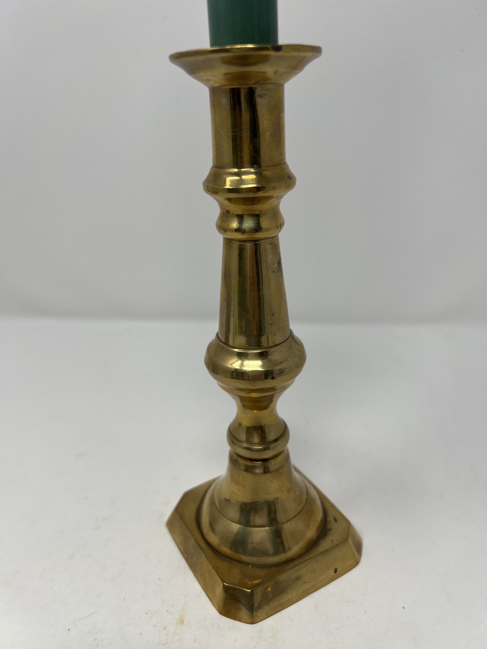 Heavy Brass Candle Stick w/Green Candle