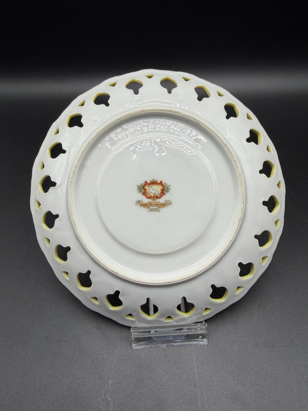 Vintage 1950s Royal Sealy Reticulated Lusterware Saucer – Yellow Porcelain with Iridescent Medallion Center & Gold Filigree