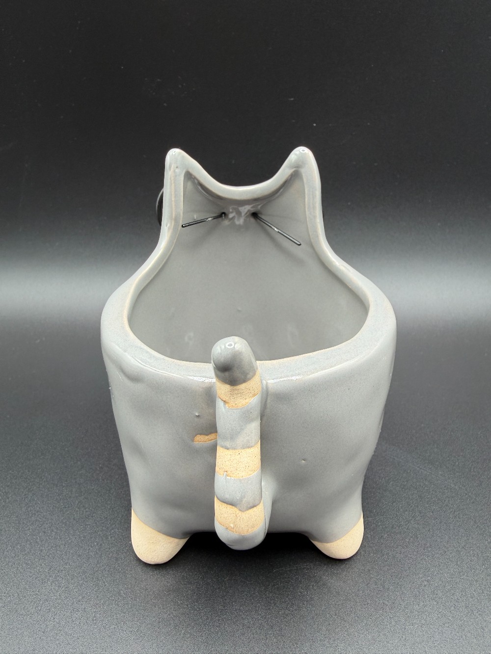 Modern Gray Ceramic Cat Planter with Metal Wire Glasses