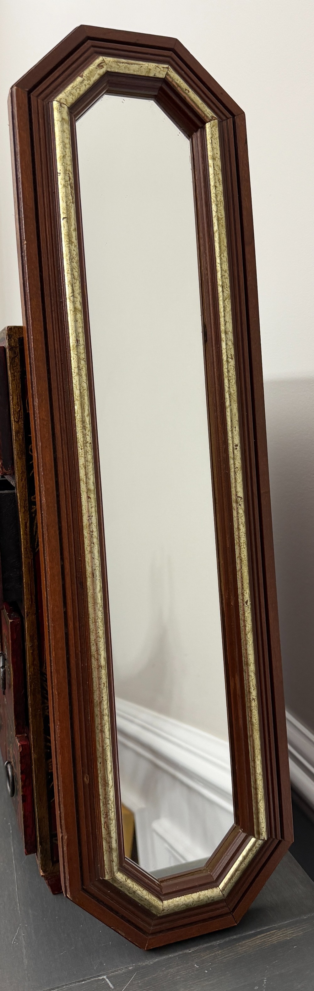 Vintage Franklin Picture Co. Elongated Octagon Mirror – Slender Mid-Century Wood & Gold Wall Accent
