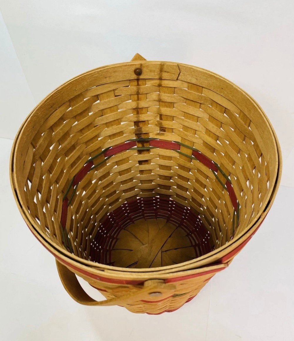 Basket Longaberger 1991 Handwoven Waste Basket Red & Green Accent Signed Weaver 13 Inches