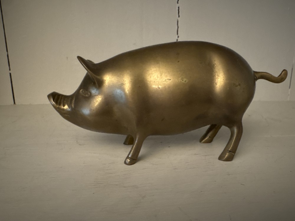 Brass Pig Figurine Paperweight Statue Curly Tail 6