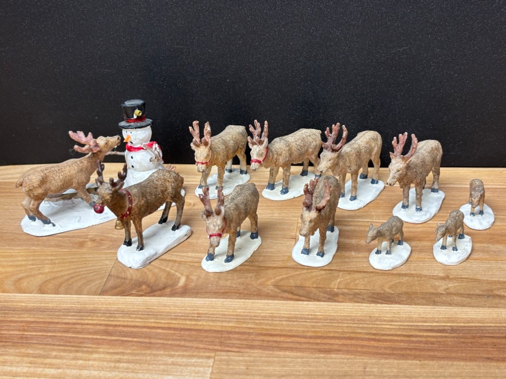 Christmas Village Miniature Reindeer Figurines with Snowman 11 Piece Set