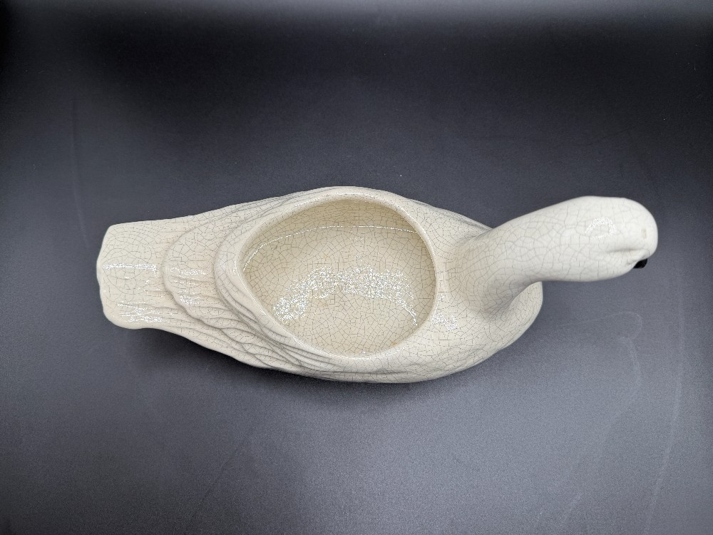 Vintage White Ceramic Swan Planter with Crackle Glaze - Mid-Century Cottagecore Bird Vase