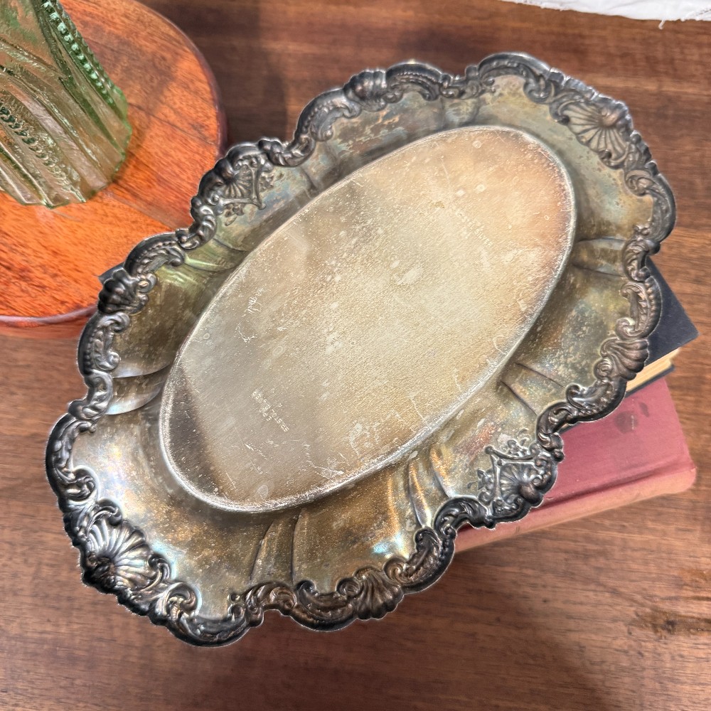 Vintage Ornate Silver-Tone Oval Dish | Rococo Scrollwork | 11