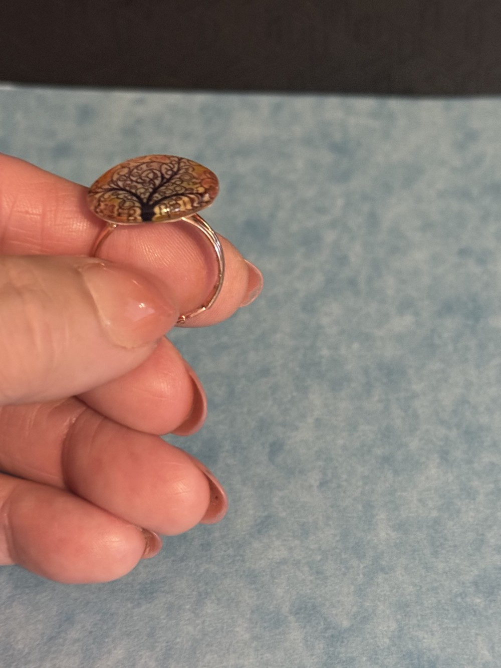 Adjustable Ring - Tree of Life Black Swirls Orange Yellow Background