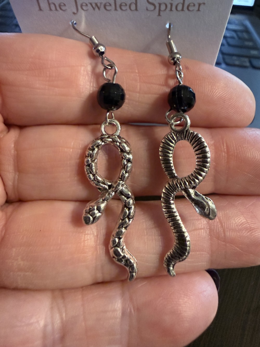 Earrings - Looped Snake Black Bead Snake, Serpent, Snakes, Serpents