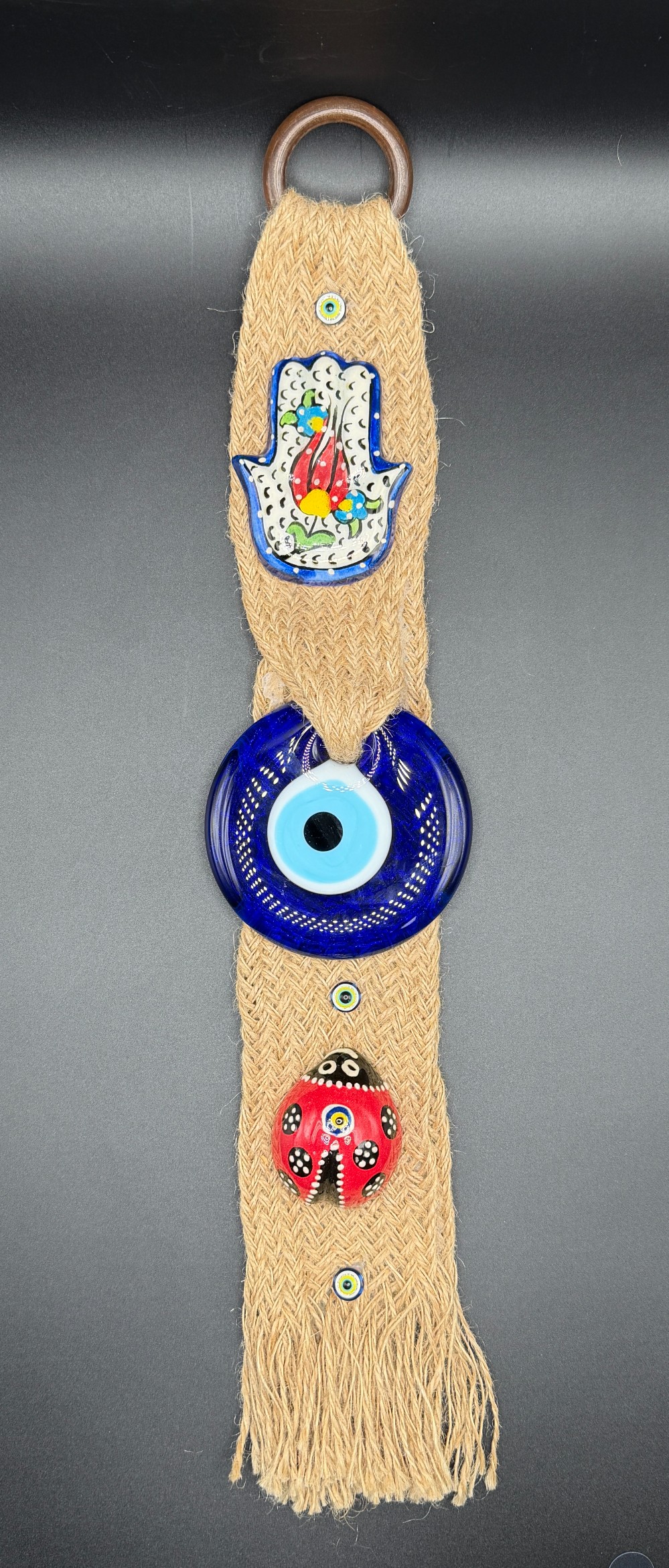 Turkish Evil Eye & Ceramic Hamsa Jute Wall Hanging