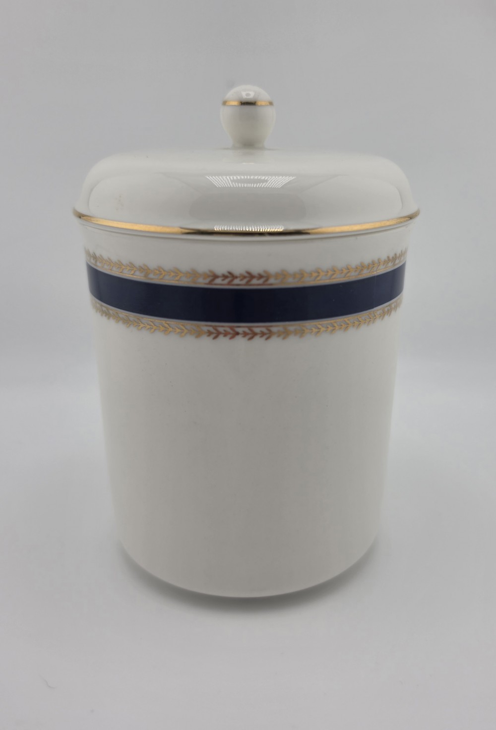 VTG 1980s Bill Blass Lidded Vanity Jar Navy Gold Laurel