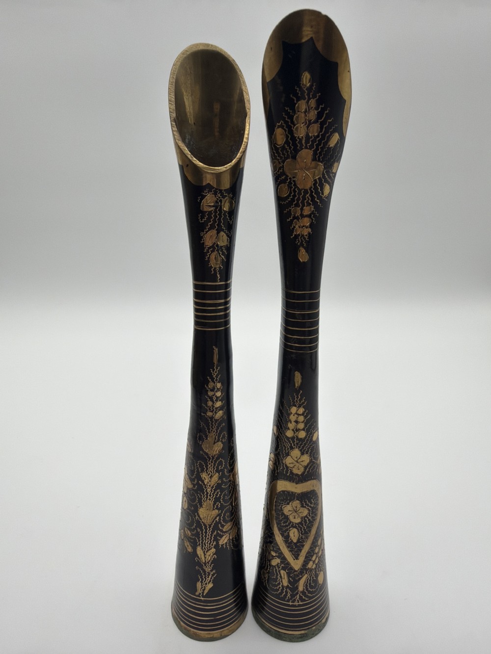 Pair Vintage Etched Brass Bud Vases