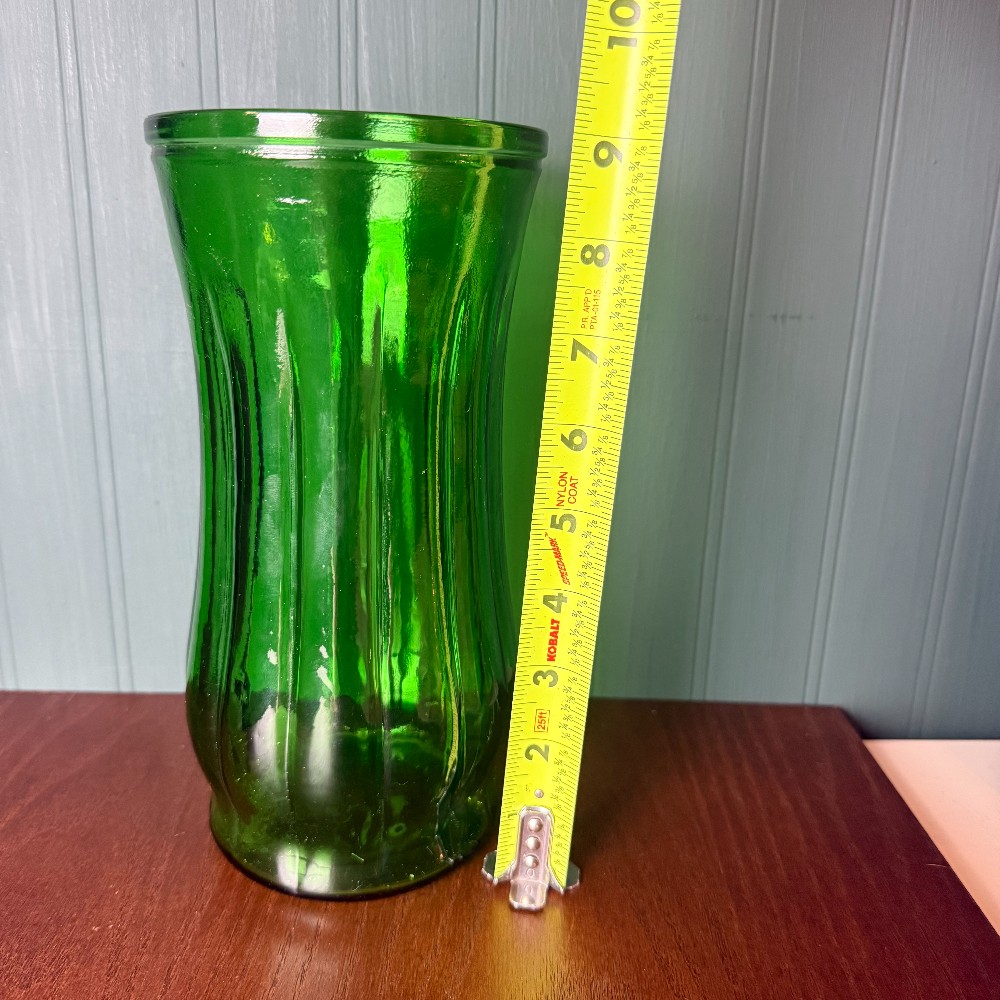 Vintage Emerald Green Ribbed Glass Vase, Waisted Hourglass Shape