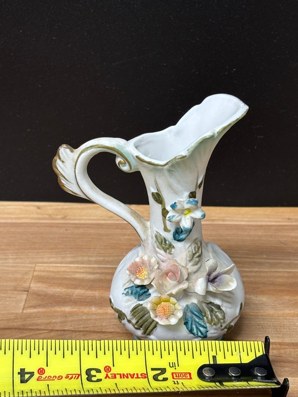 Vintage Ceramic Bisque Floral Ewer Pitcher Applied Flowers Gold Trim 4 Inch