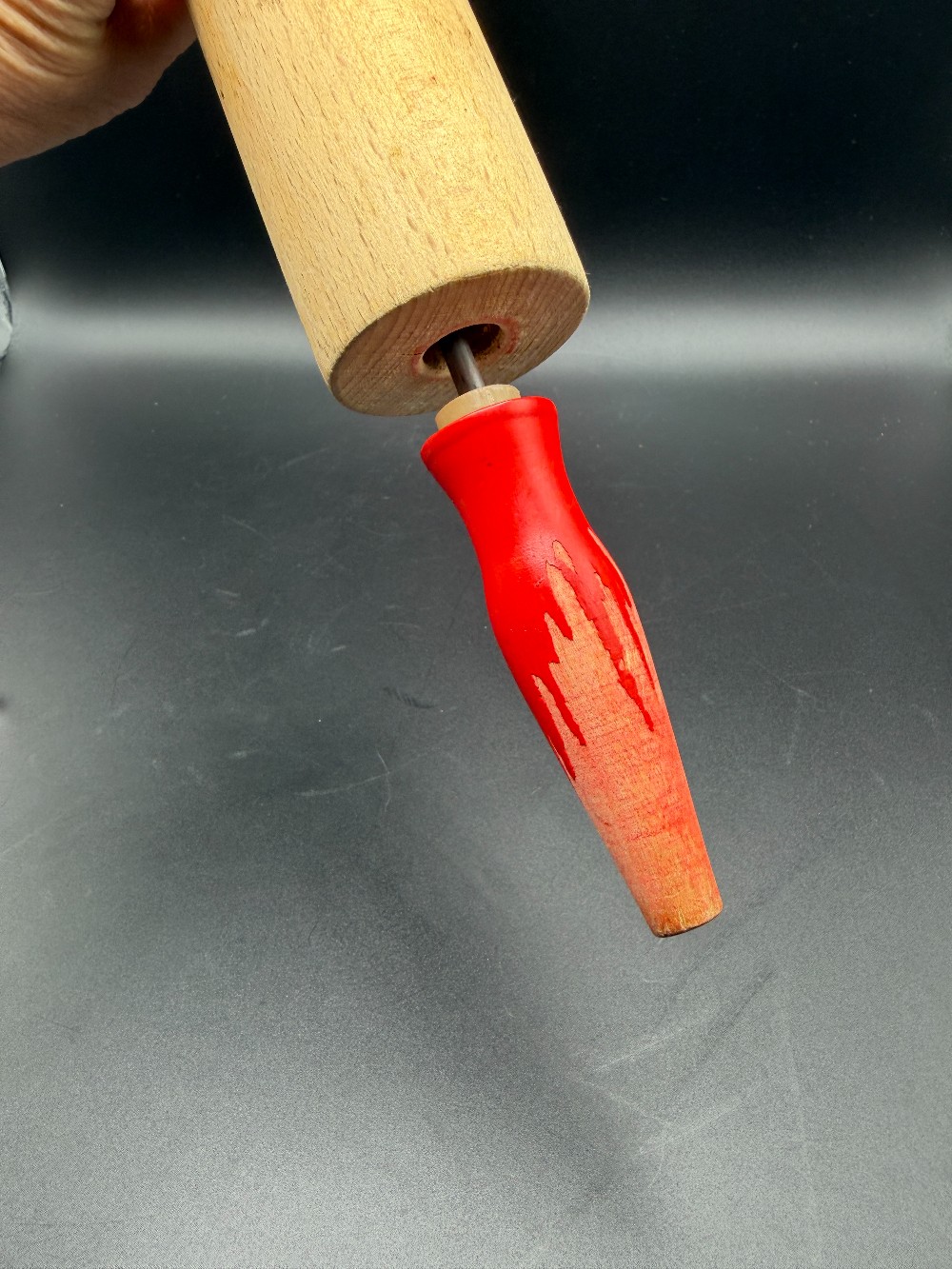 Wood Rolling Pin with Red Painted Handles - Mid-Century Farmhouse Kitchenware Decor