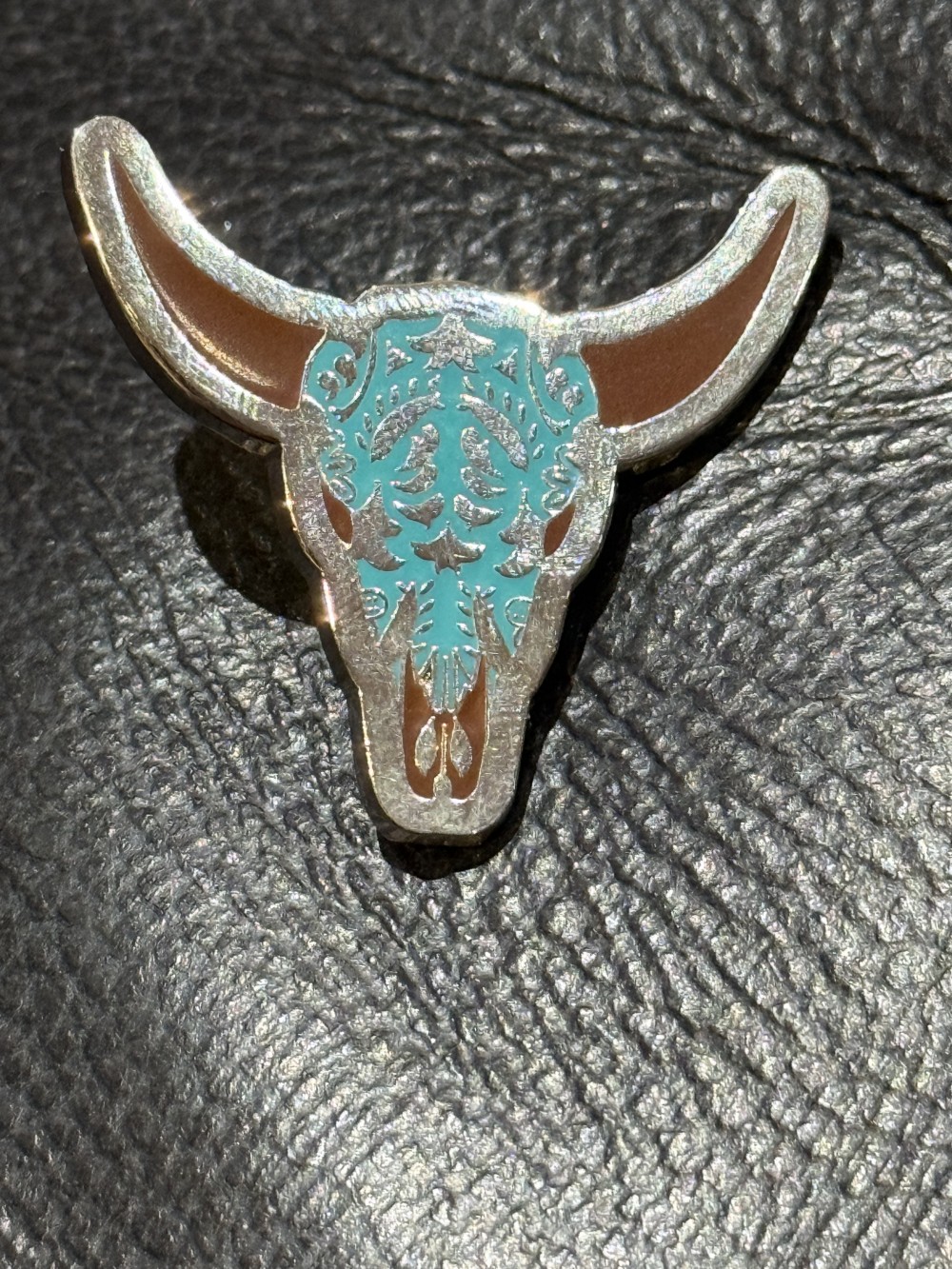 Brooch Pin- Steer Head in Blue Enamel and Silver