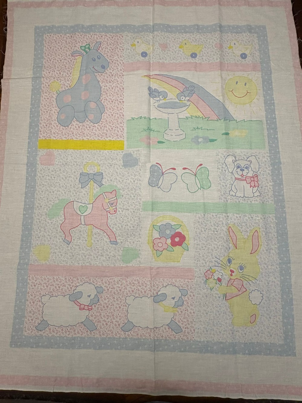 1990s Vintage Pastel Baby Animals Quilt Panel
