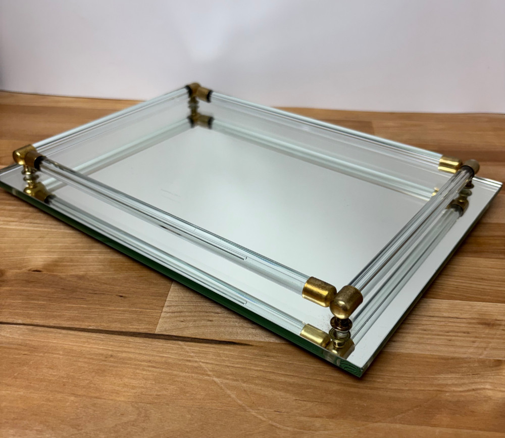 Vintage Hollywood Regency Mirrored Vanity Tray with Lucite Handles & Brass-Tone Accents – 11 x 8
