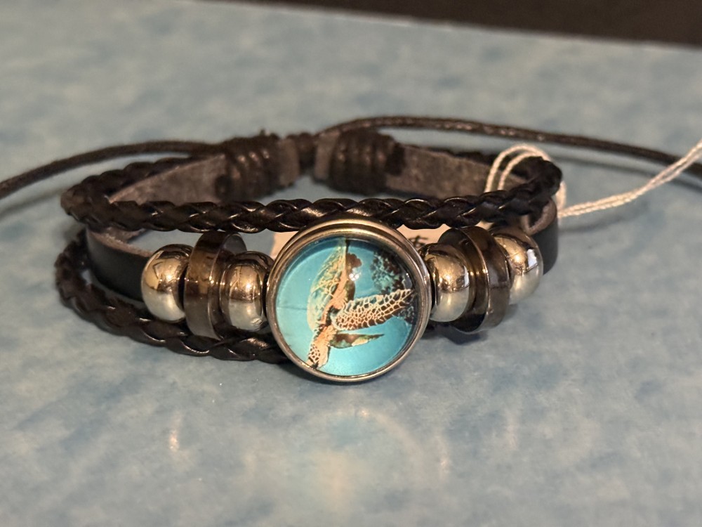 Bracelet-Genuine Leather black 3 strap Sea Turtle