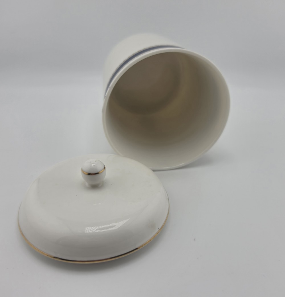 VTG 1980s Bill Blass Lidded Vanity Jar Navy Gold Laurel