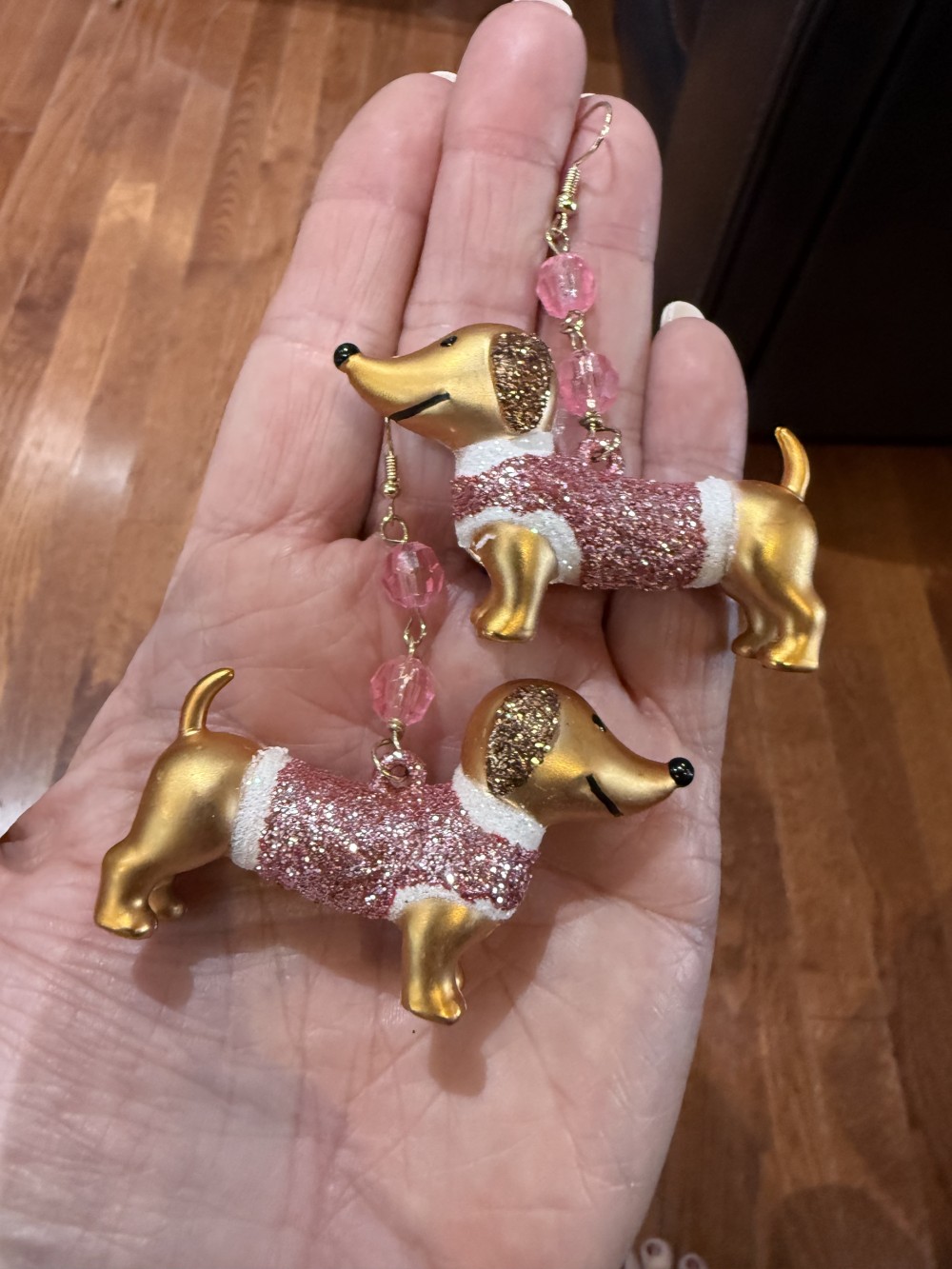 Earrings - Dachshund in Pale Pink Glittered Sweater, Doxie, Dog