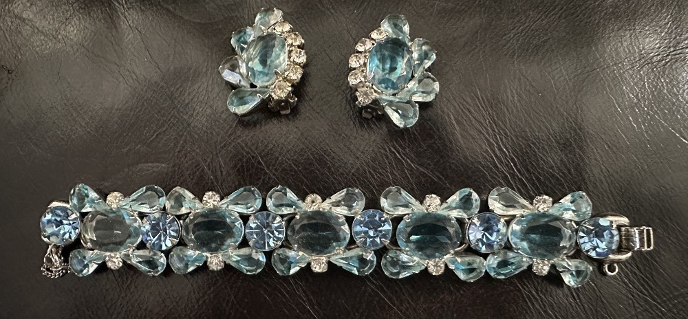 Vtg. MidCentury Costume  Bracelet Aqua Blue Faceted Glass and Silvertone with Matching Clip Earrings