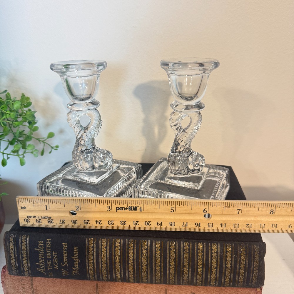 Pressed Glass Dolphin Candlestick Holders, Pair
