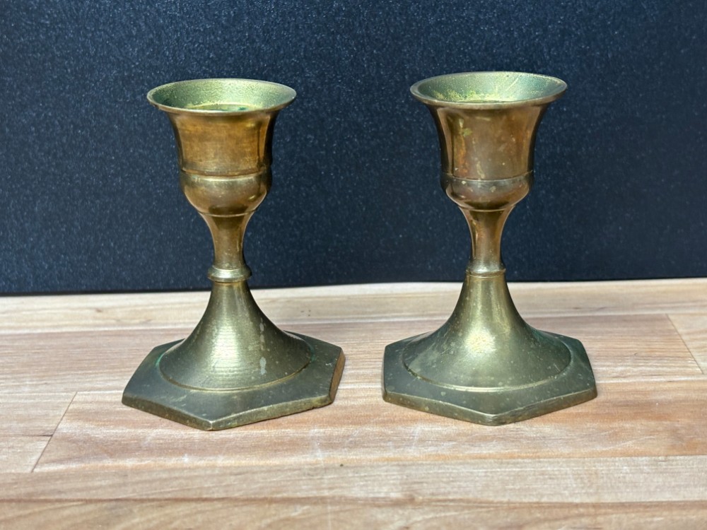 Brass Candlestick Holders Pair Hexagon Base Vintage Taper Candle Holders