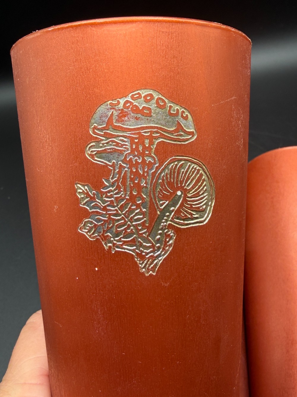 Vintage 1970s Nasco Plastic Mushroom Tumblers - Rust Copper & Silver Toadstool Cups - Set of 4 (Mold 3072)