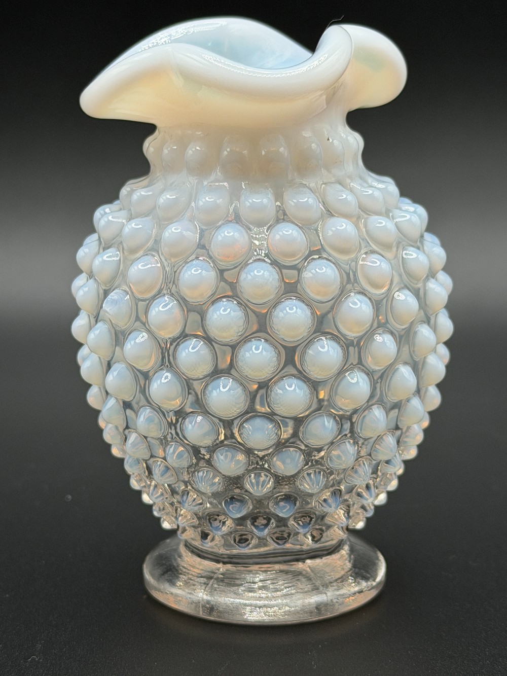 Vintage Fenton French Opalescent Hobnail Glass Vase - Ruffled Crimped Rim, Pre-1970 Art Glass