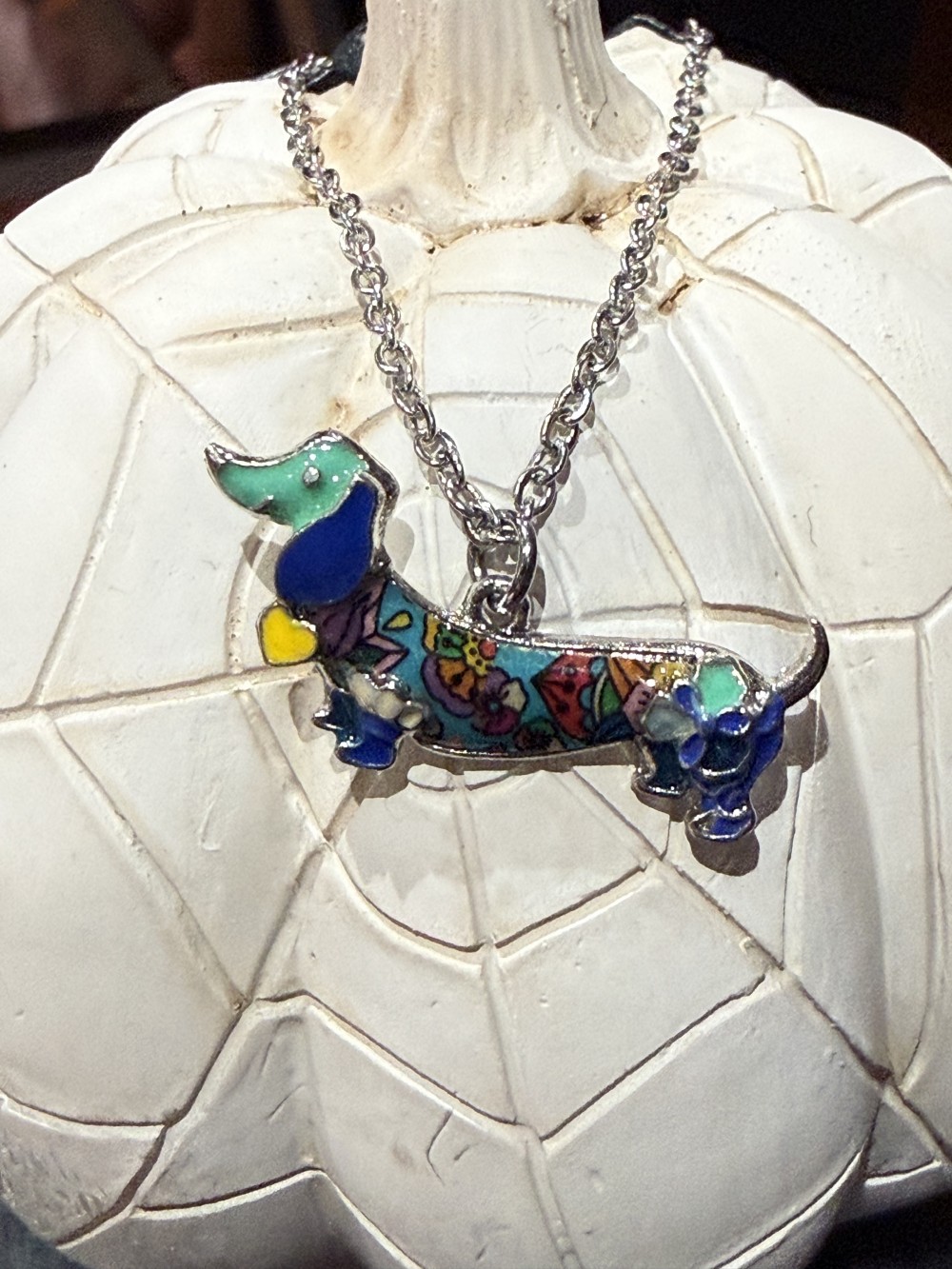 Necklace Enamel Dachshund Blue Patterned, Dog, Doxie