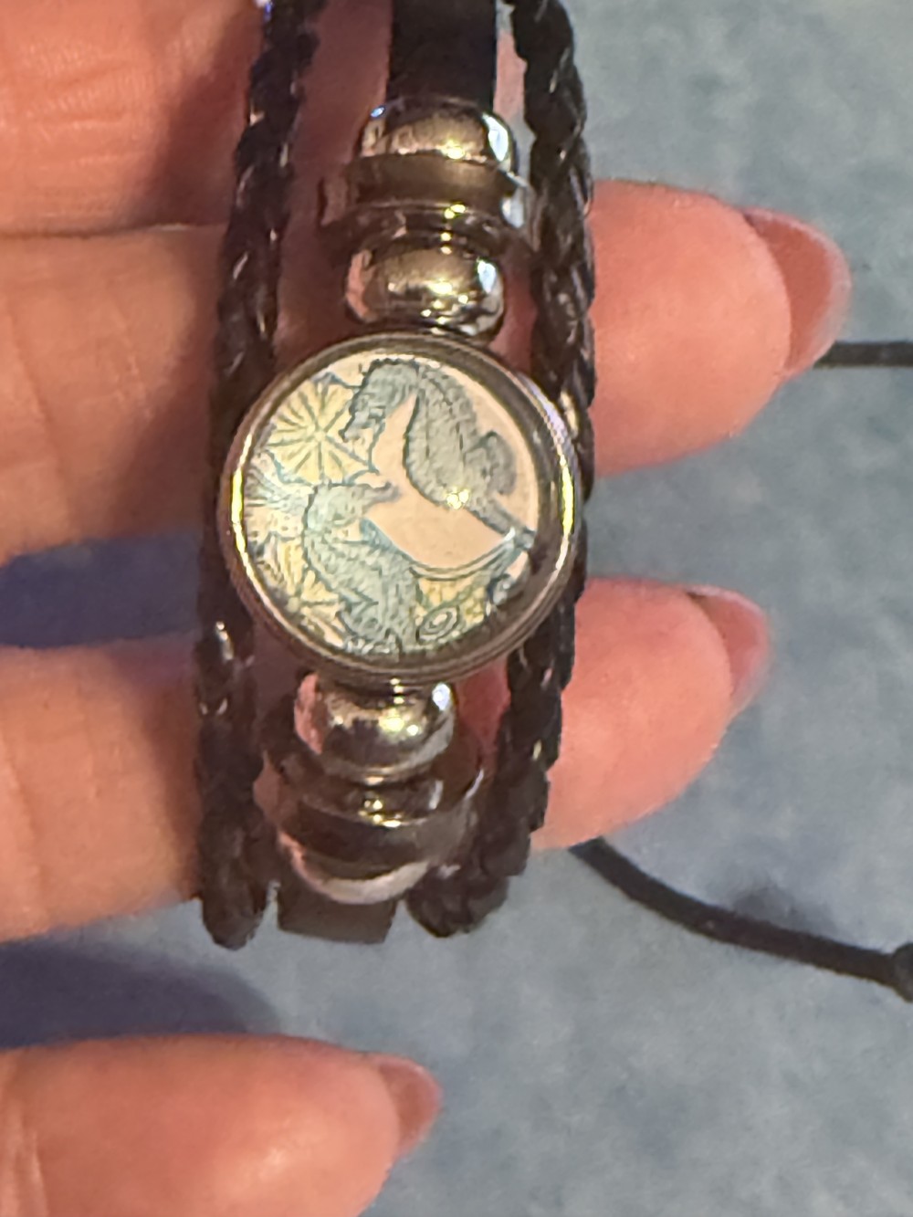 Bracelet-Genuine Leather Black 3 strap Sea Horse