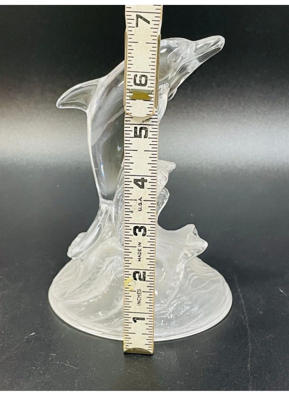 Dolphin Crystal Glass Figurine Leaping Dolphin on Frosted Wave Base Coastal Decor 6.5