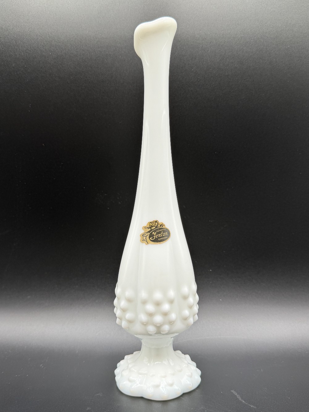 Vintage 1960s Fenton Milk Glass Hobnail Swung Bud Vase - 10 Inch Pedestal Vase with Original Foil Label