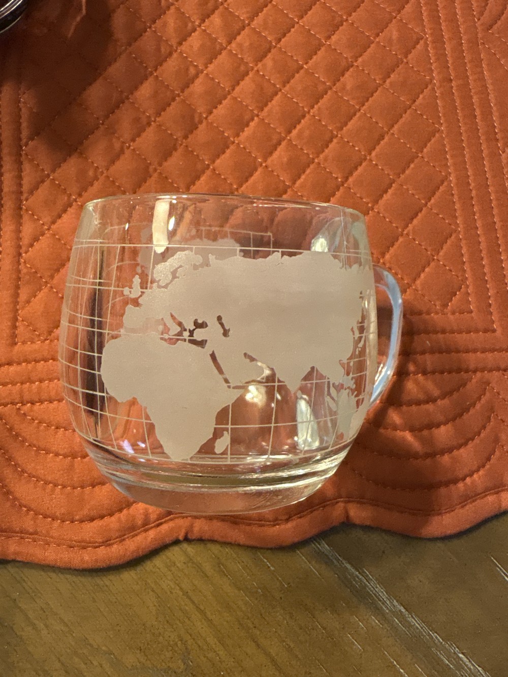 Nestle Etches Globe World Glass Mug VIntage 3 inch diameter