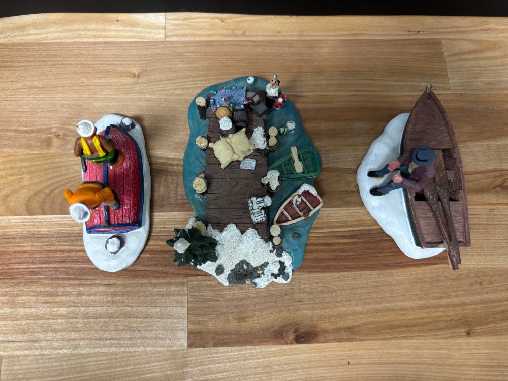 Christmas Village Winter Waterfront Dock Fishing & Boat Scenes 3 Piece Lot