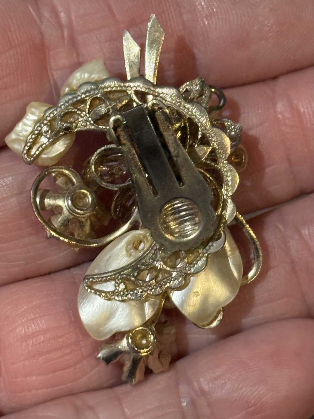 Vintage Floral Pearl and Rhinestone Gold Clip on Earrings