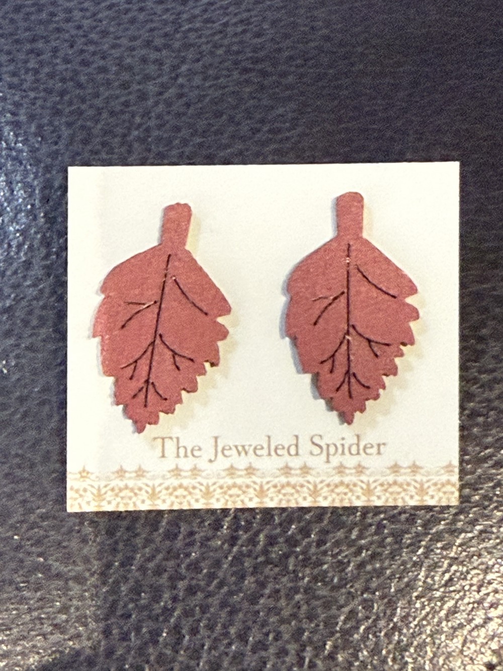 Stud Earrings -  Leaves, Leaf Deep Red Wooden