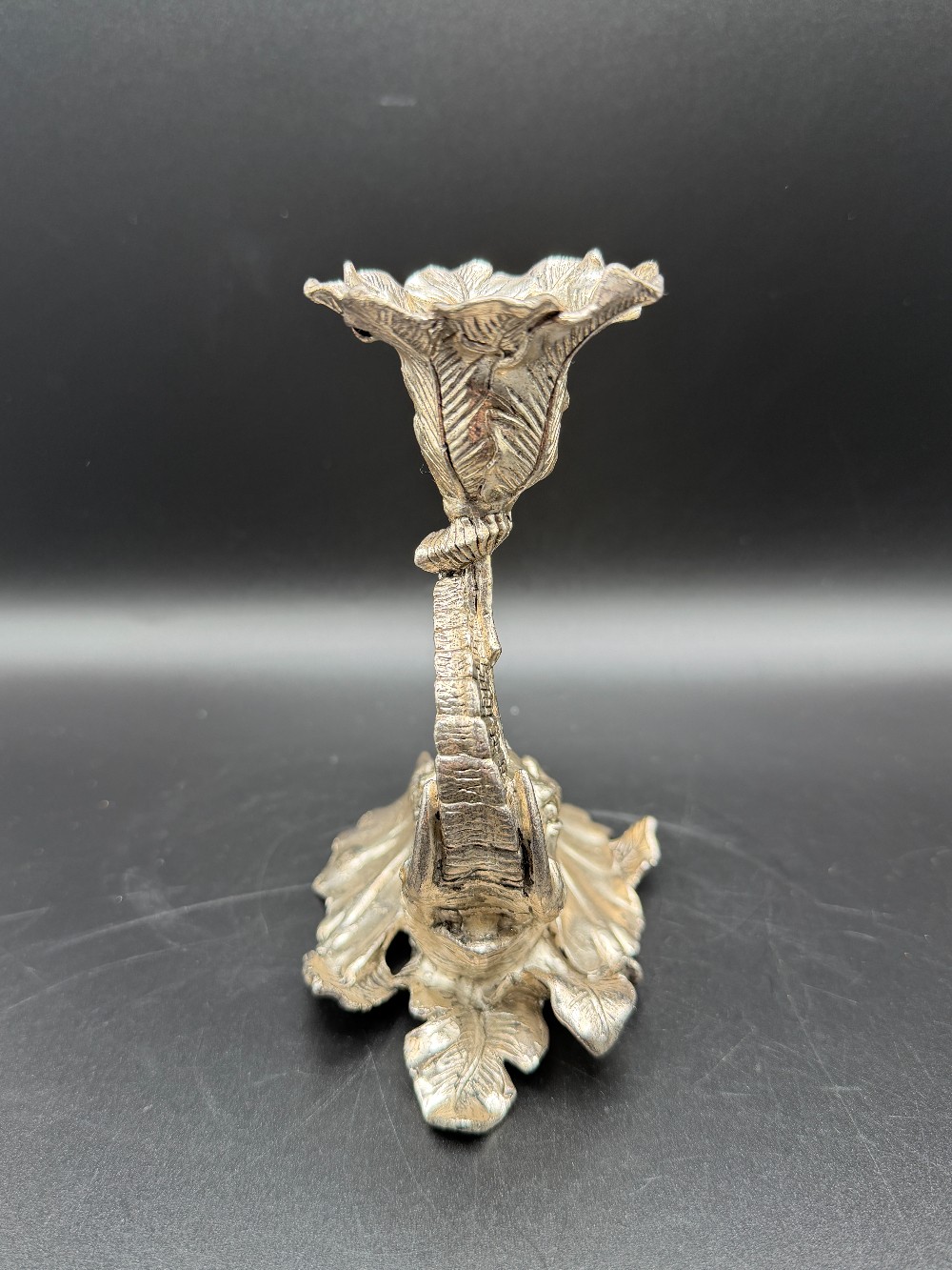 Vintage Silver Plated Elephant Candlestick Holder - Hollywood Regency Trunk Up Taper Base