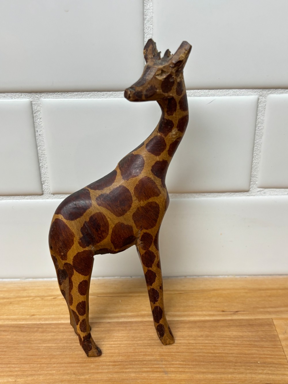 Giraffe Figurine Hand Carved Wood Safari Folk Art Statue 5.5