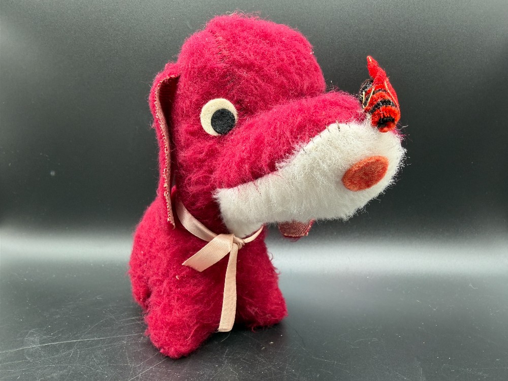 Vintage 1950s Red Plush Carnival Prize Puppy Dog with Mesh Ladybug on Nose
