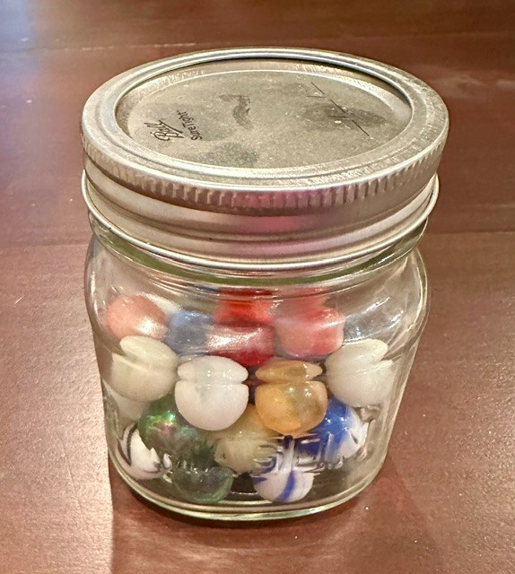Vtg Glass Marbles in Jar 40 ct