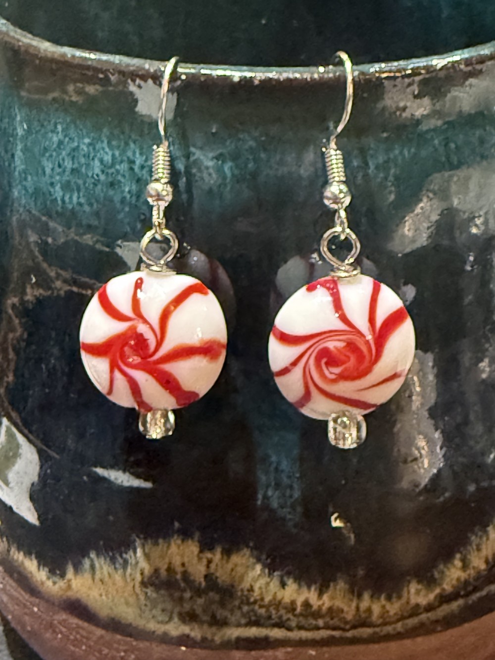 Earrings - Peppermint Candy in Red and White Lampwork Glass, Candies