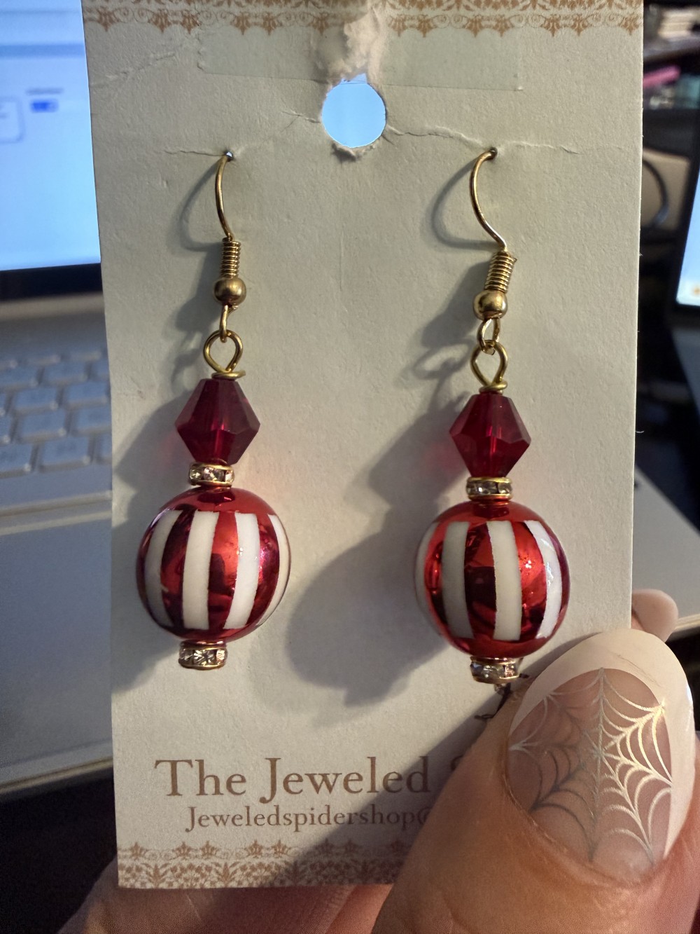 Earrings - Red & White Stripe Red Bead