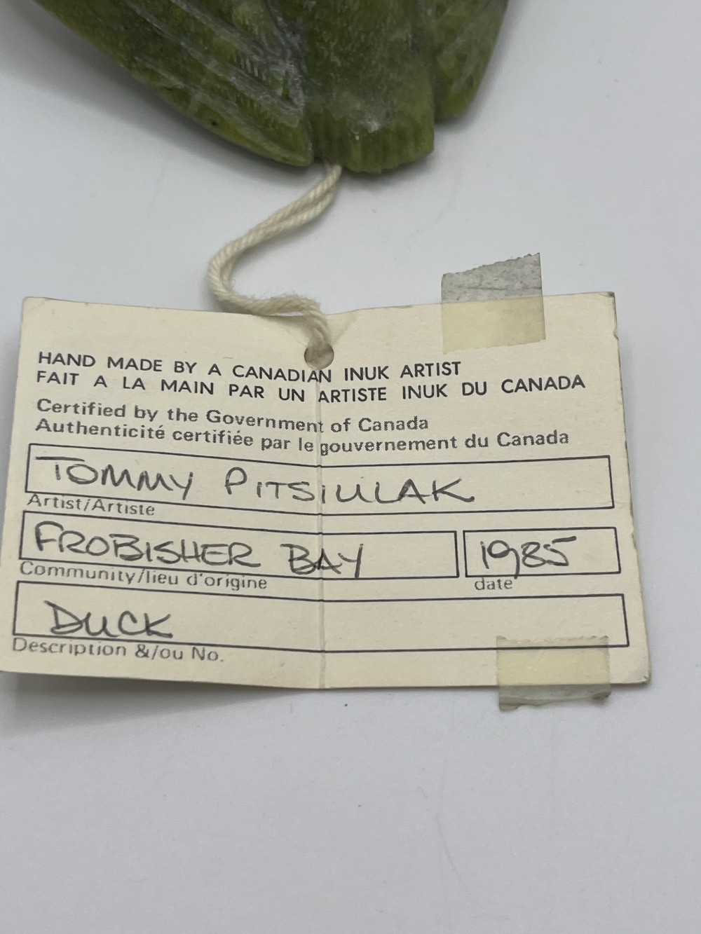 1985 Inuit green soapstone duck
