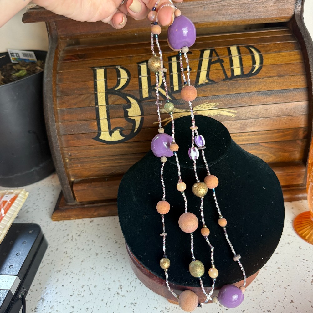 Vintage Long Lavender And Wood Bead Rope Necklace