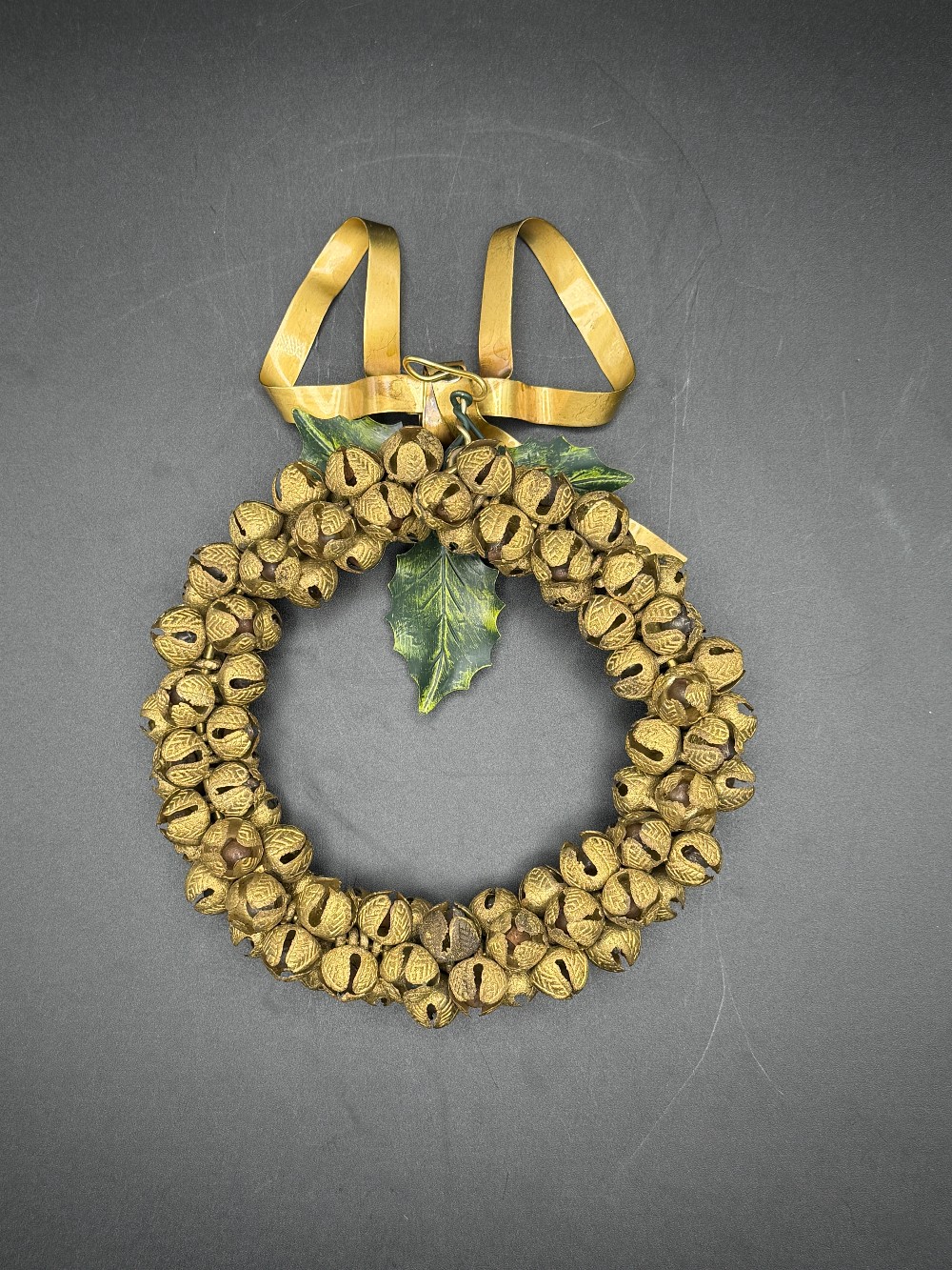 Vintage Petites Choses Brass Jingle Bell Wreath Ornament - Hand-Painted Holly & Bow