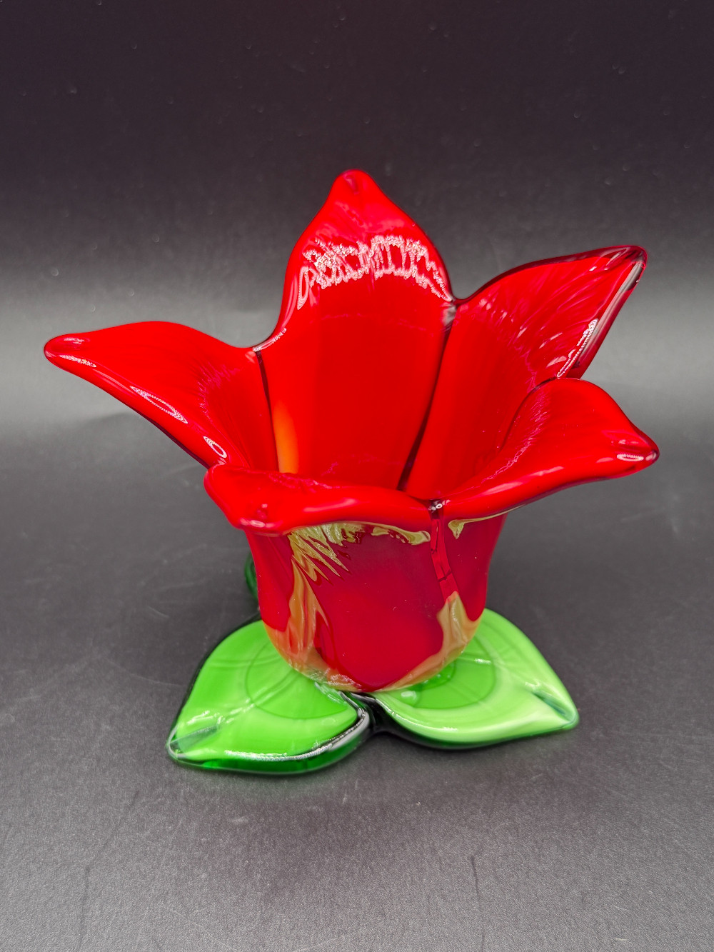 Vintage Hand-Blown Red Art Glass Tulip Votive Candle Holder – Green Leaf Base